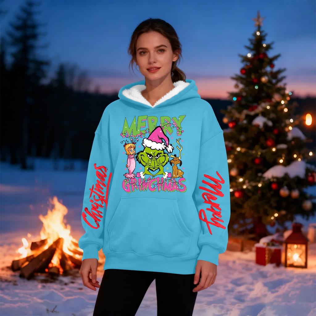 Women's Casual Fashion Plus Velvet Thickened Christmas Print Hooded Sweatshirt