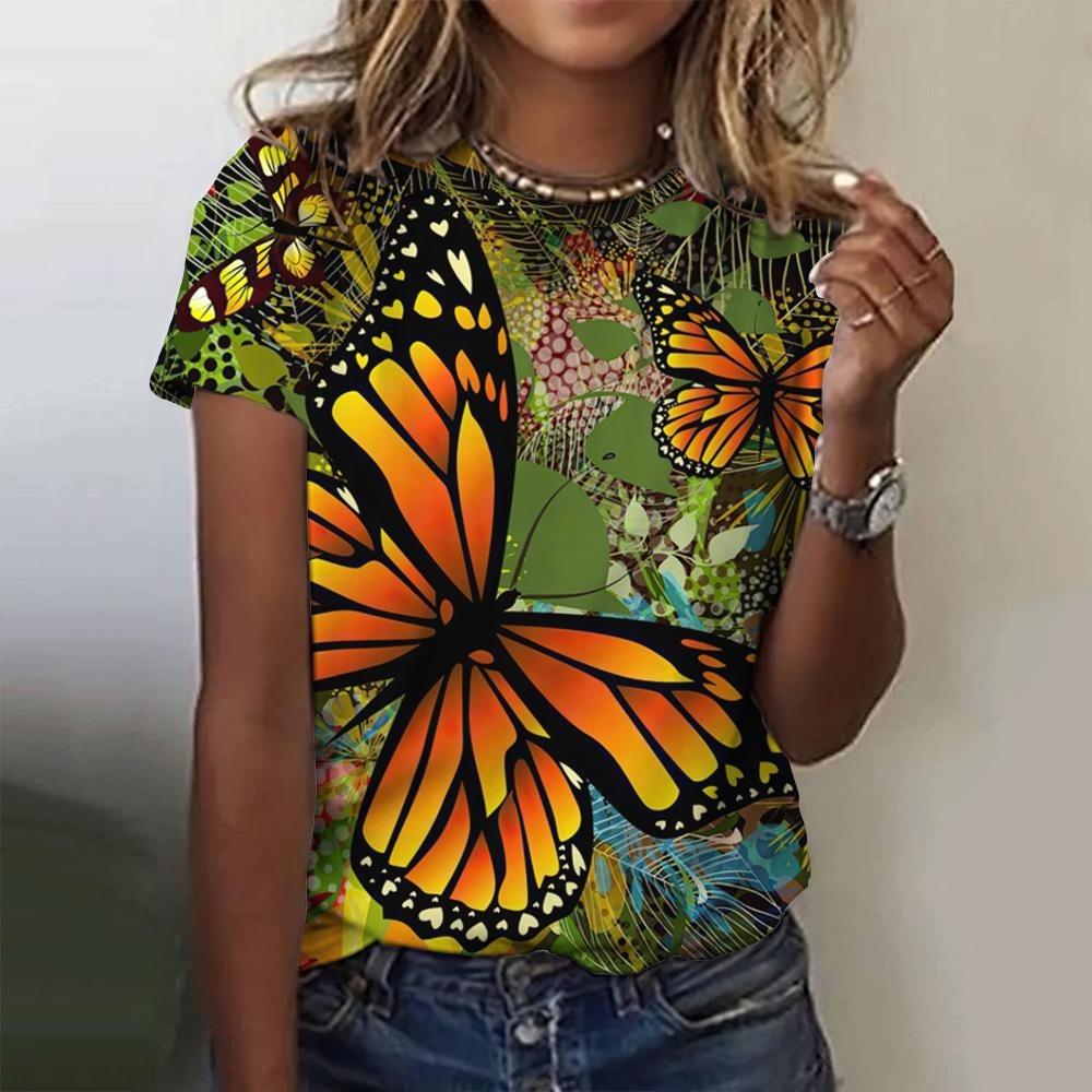 2025 Летняя модная блузка, женские футболки, футболка с 3D-бабочкой, повседневный топ с коротким рукавом, базовая женская одежда больших размеров