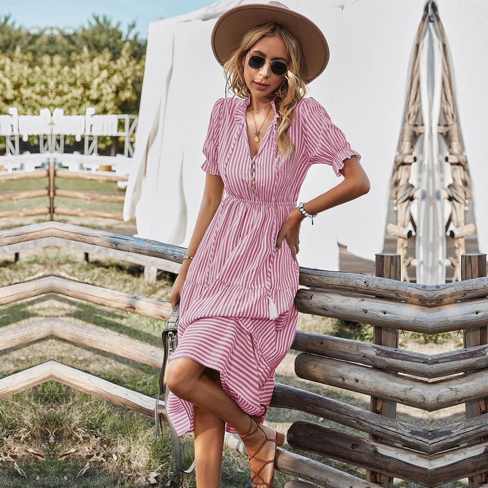 Женские полосатые повседневные платья с короткими рукавами и кисточками средней длины, летние платья на пуговицах с v-образным вырезом для женщин