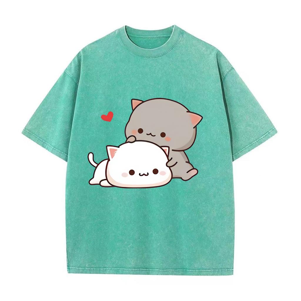 Футболка с аниме Kawaii Girl, флисовая футболка Harajuku, свободный повседневный свитер, милая парная футболка для подарка на День святого Валентина, винтажная футболка в стиле ретро с эффектом потертости