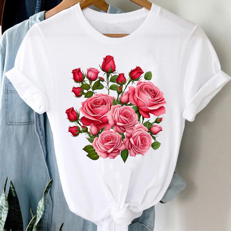 (Азиатский размер) Прекрасный цветочный тренд Принт Женская футболка Верхняя одежда Повседневная Цветочная мода Футболка с коротким рукавом Женские графические футболки