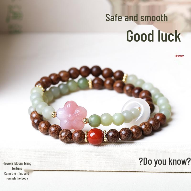 Natural White Jade Green Grape Lotus Pod Double Circle Bracelet - Elegant Chinese Niche Beaded Jewelry