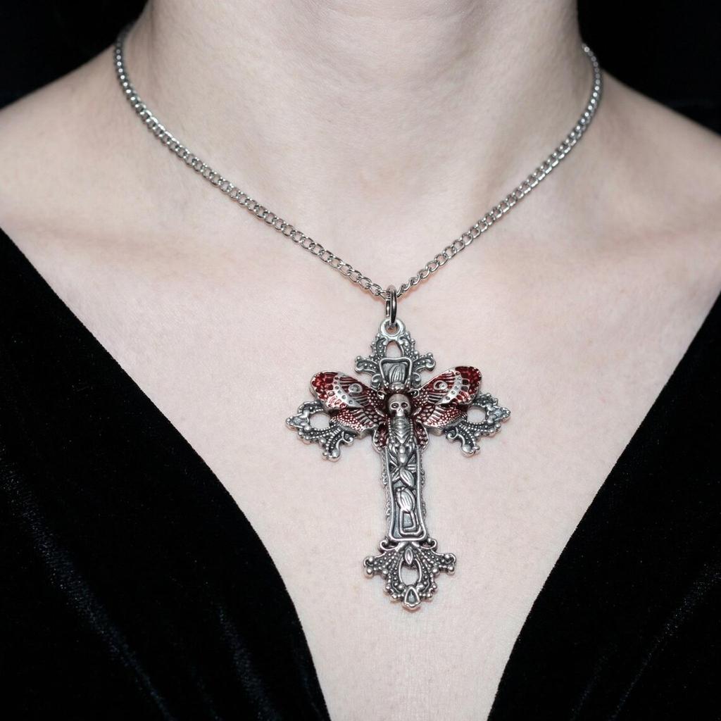Викторианский готический кулон-ожерелье с подвеской в виде головы черепа и мотылька, крест для женщин и мужчин, Хэллоуин, ведьма, языческая, альтернативная эстетика, ювелирные изделия