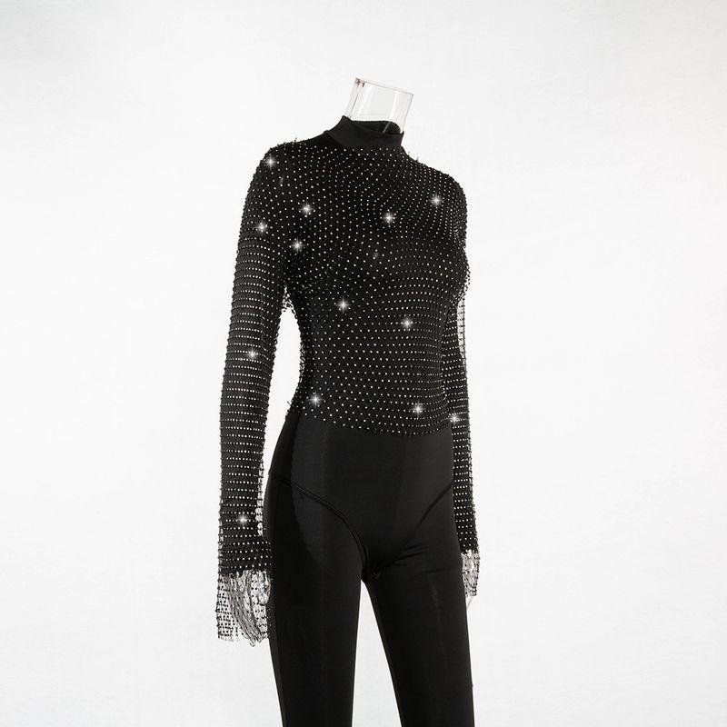 2023wish New Arrival Grid Rhinestone round Neck Long Sleeve Top Nightclub Sexy Short Stage T-shirt T-shirt