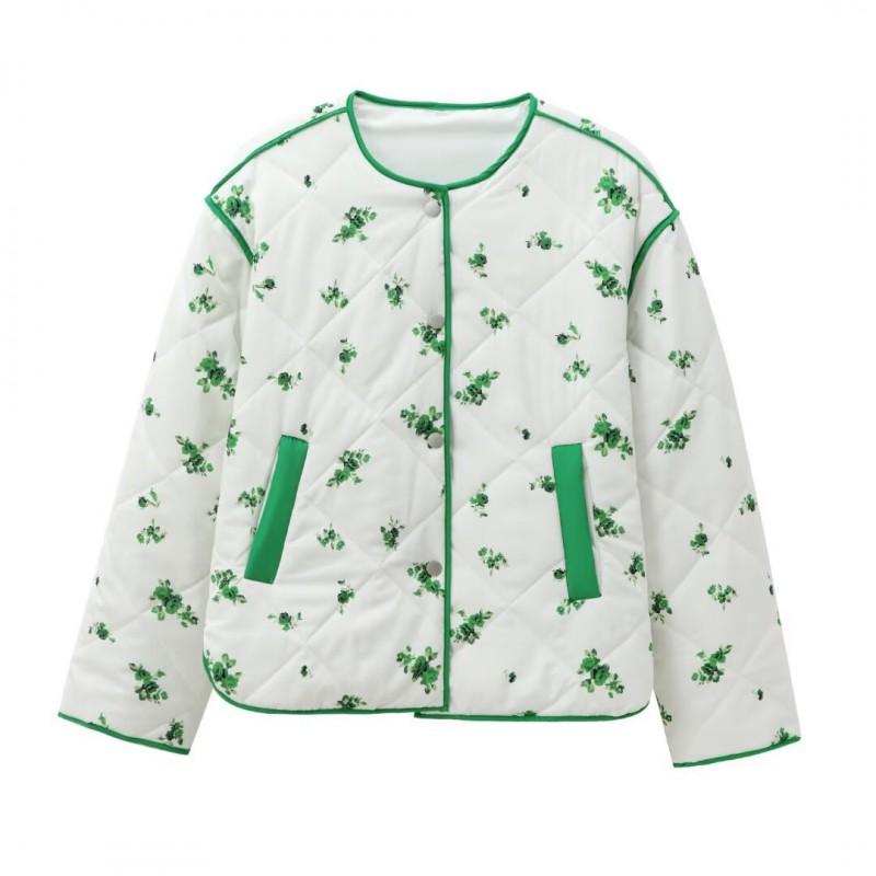 Womens Lightweight Quilted Cotton Jacket With Floral Print Round Neck Loose Fit Front Pockets Long Sleeve