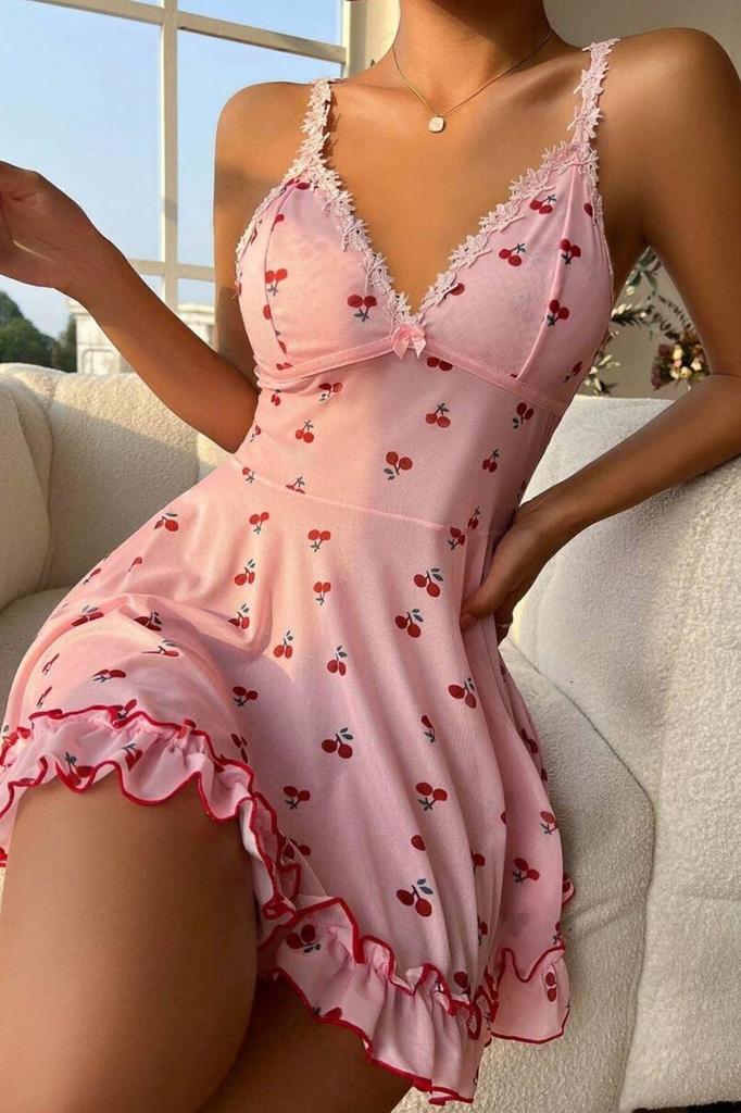 Bella Notte Romantic Pink Cherry Print Strap Thong and Nightgown Cute and Comfortable Women’s Lingerie Set