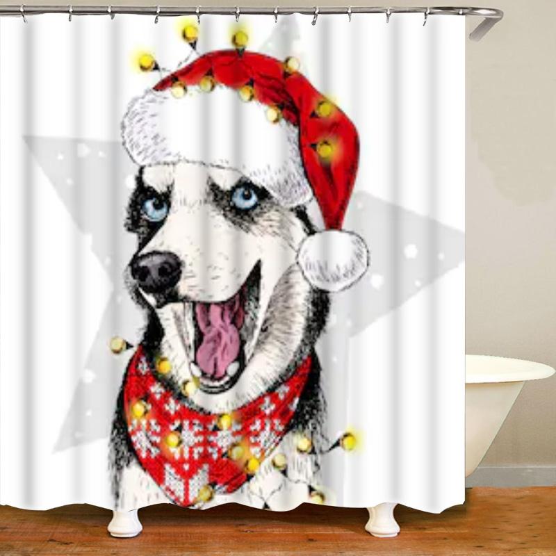 Cute Siberian Husky Shower Curtain Christmas Shower Curtain Set Husky Dog Puppy Bathroom Curtain Pet Dogs Christmas Home Decor