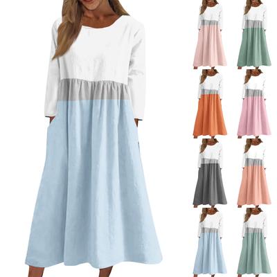 Женское повседневное миди-платье с круглым вырезом и полосатым принтом, с длинным рукавом и карманом