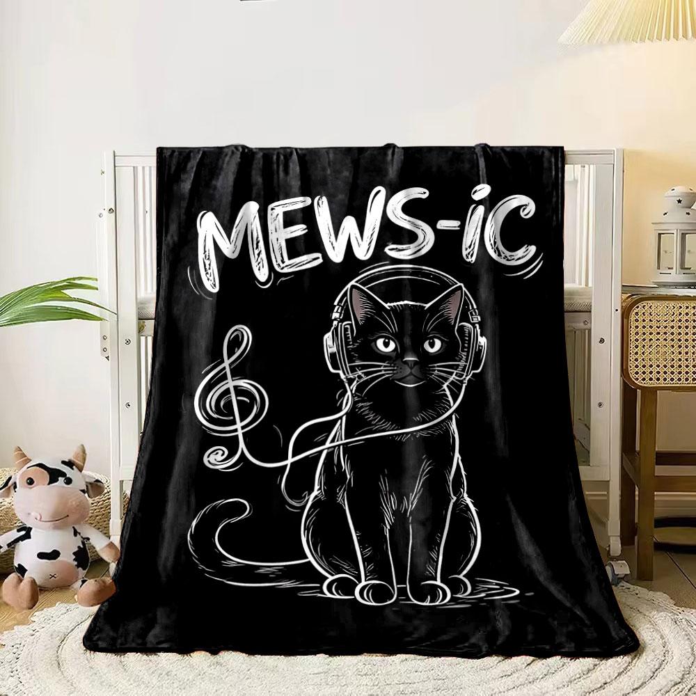 A black cat with headphones and a treble clef-shaped cable, labeled "MEWS-IC". for all seasons blanket lunch break throw gift