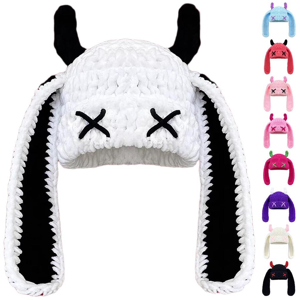 Cute And Quirky Little Devil Long-eared Knitted Hat For Women, Warm And Ear-protecting For Fall And Winter, Sweet And Cool Horned Pullover Woolen Hat