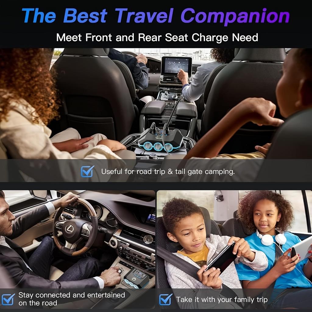 Автомобильное зарядное устройство 7-в-1 мощностью 120 Вт с тремя розетками, индивидуальным включением/выключением для переключателя, светодиодным индикатором напряжения, шунтирующим разъемом 12 В/24 В с кабелем длиной 3,3 фута