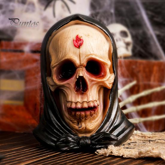 Реалистичная модель человеческого черепа, ретро-статуя из смолы с капюшоном, жуткая статуэтка для домашнего рабочего стола на Хэллоуин