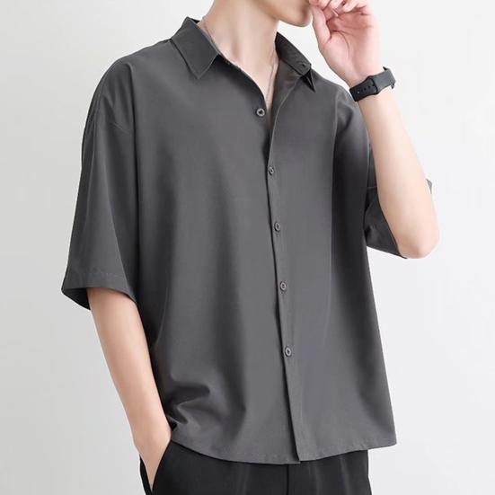Men Summer Shirt Turn-down Collar Single-breasted Loose Short Sleeve Solid Color Buttons Soft Breathable Men Casual Top