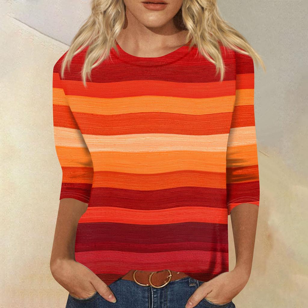 Женская модная повседневная футболка с круглым вырезом, рукавом три четверти, в полоску с принтом