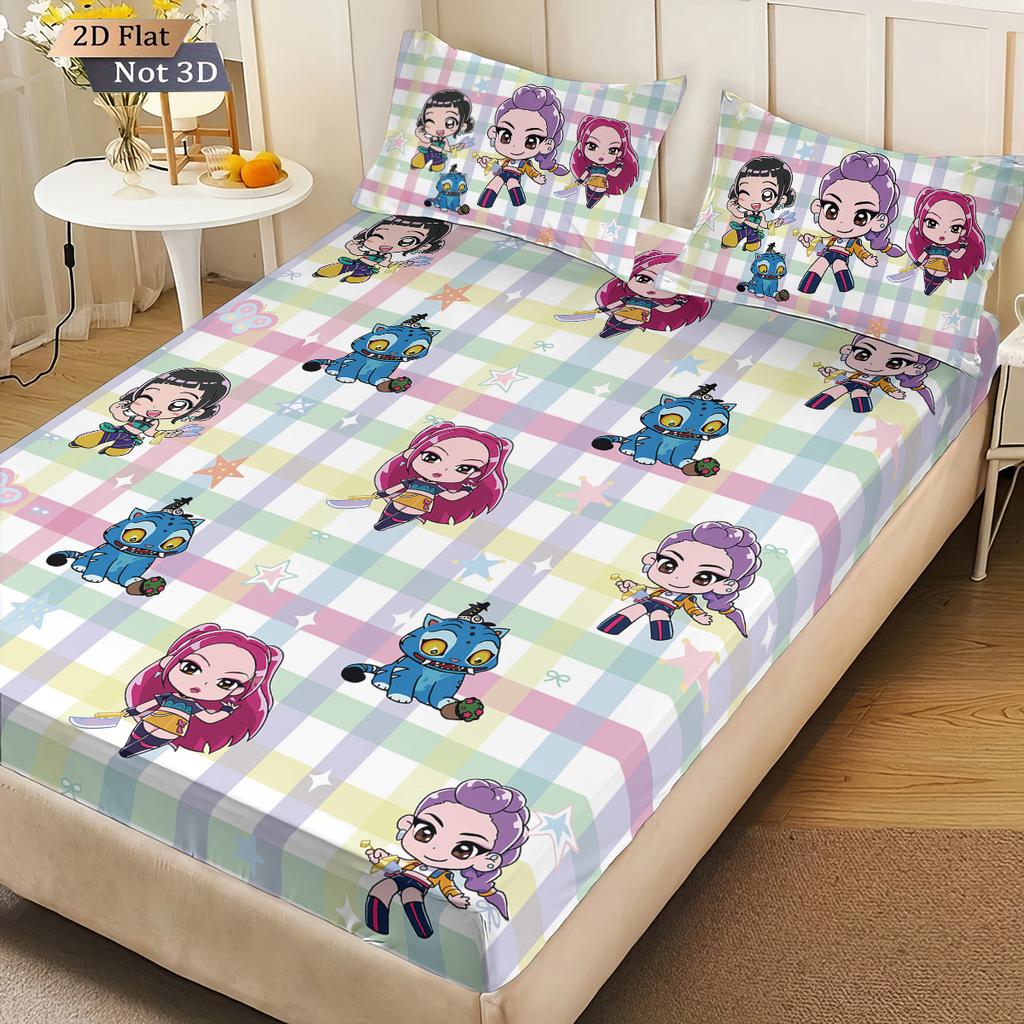 3pcs K-Pop Demon Hunters Print Coreless Bed Sheet Set Multiple Sizes Soft Bed Cover Bedroom Bedding Decoration Machine Washable