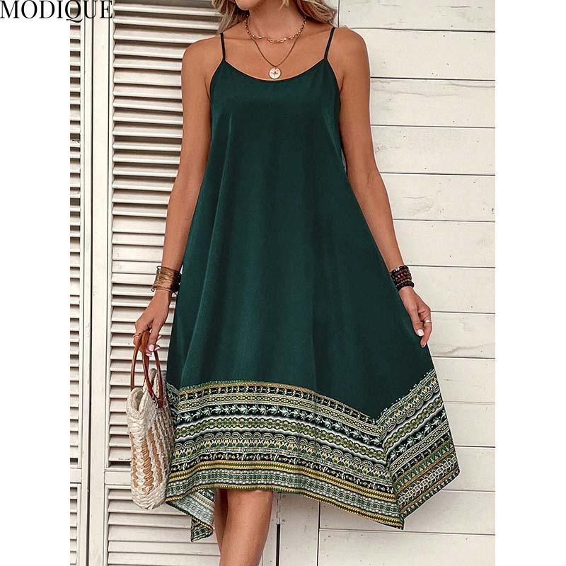MODIQUE 2025 Summer New Women's Elegant Sexy Backless Patchwork Irregular Hem Sleeveless Slip Long Dress Ladies Casual A-Line O-Neck Dress