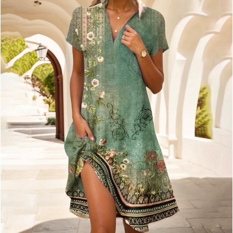 YYFS Women's Fashion Summer Spring Leopard Print Short Sleeve V-Neck Loose Waistline Casual Dresses