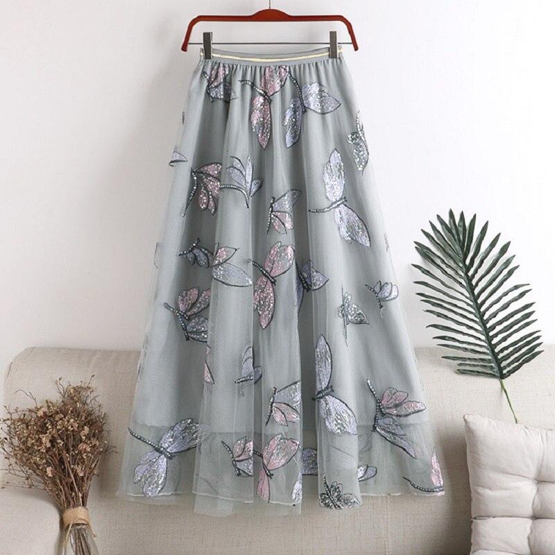 Qooth Женская тюлевая газовая юбка с вышивкой стрекозой, элегантная сетчатая юбка миди с эластичной резинкой на талии на все времена QT2202