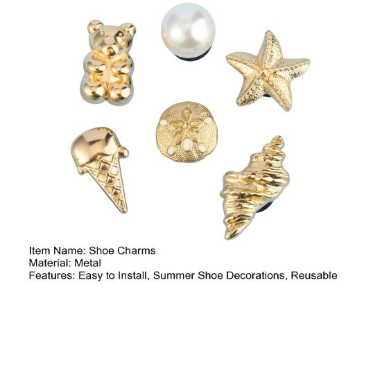 6Pcs/Set Gold-Tone Shoe Charms, Summer Ice Cream Charms, Shell Starfish Shoe Charms for Clogs Women Girls Beach Footwear Decor