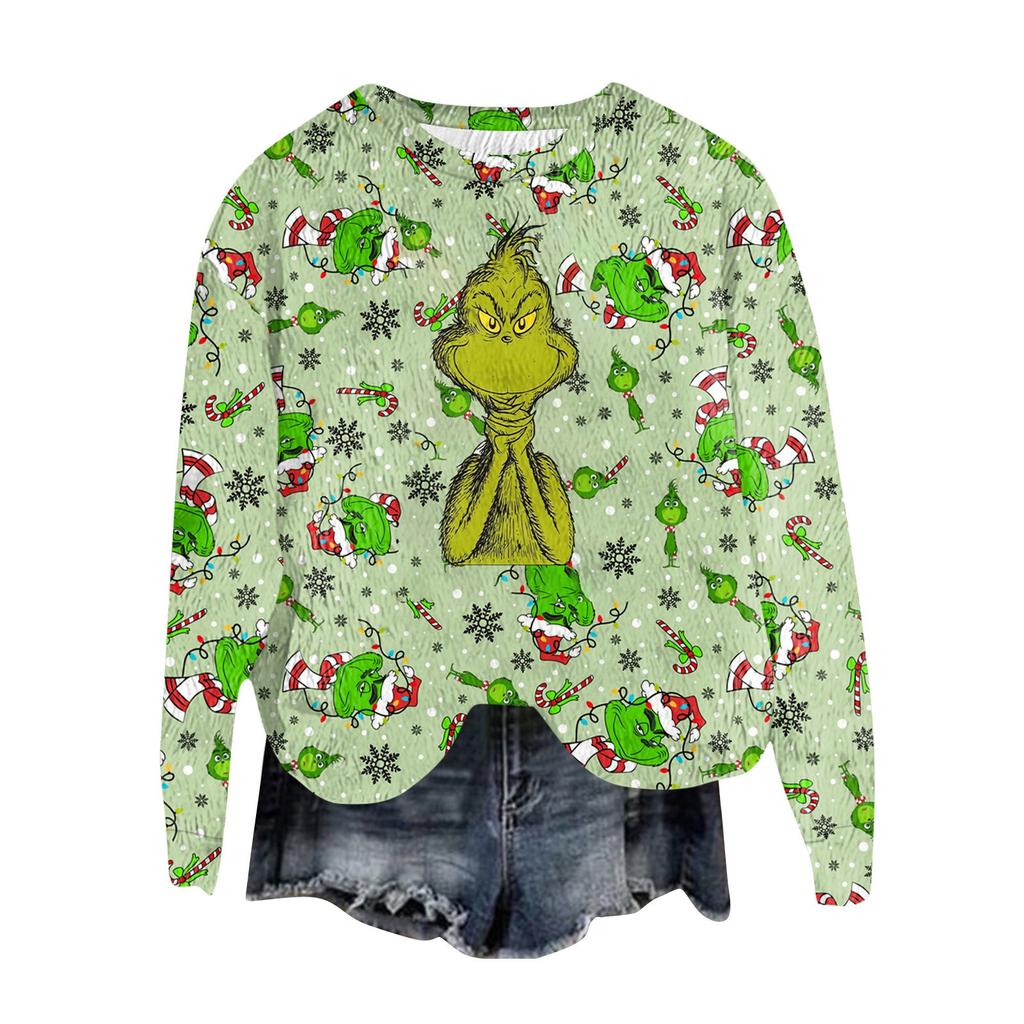 Women's Fashion Round Neck Pullover Top Long Sleeve Tee Christmas Printed Sweatshirt