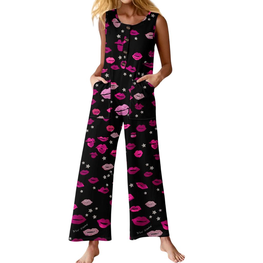 Women's Fashion Casual Button Sleeveless Jumpsuit Floral Flower Print Cotton Pocket Jumpsuit