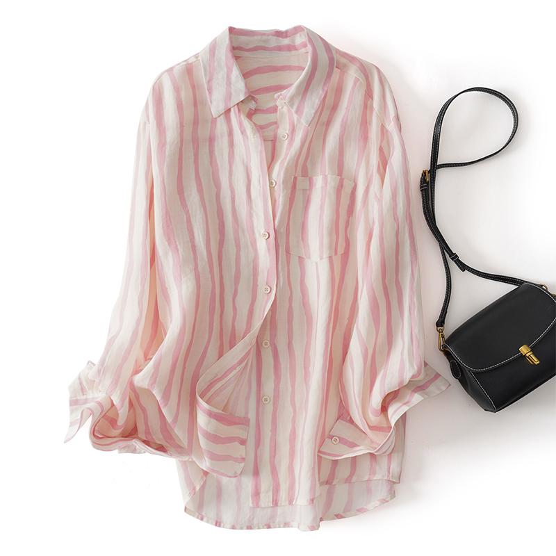 Ladies Vintage Striped Shirt Blouse Shirt Loose Summer Long Sleeve Tops