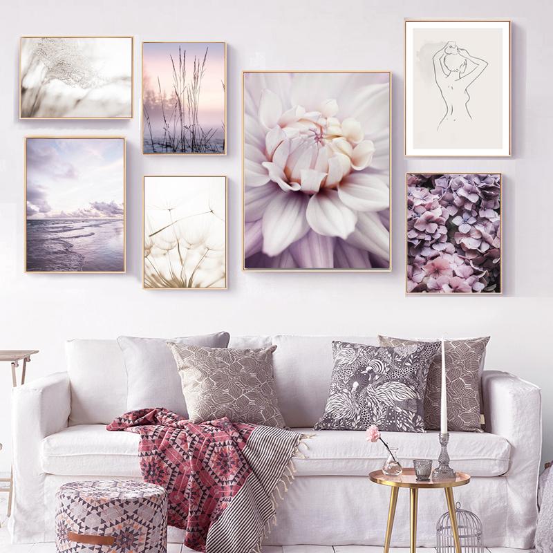 Nature Landscape Canvas Painting Beige Purple Flower Sunset Scandinavian Art Poster Print Nordic Room Wall Decoration Picture