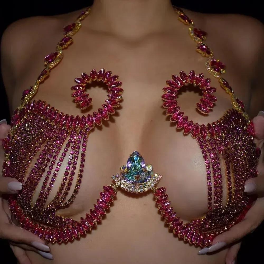 Rave Pink Crystal Chest Bracket Sexy Top Accessories for Women Nightclub Outfit Bikinis Rhinestone Bra Chain Dress Jewelry