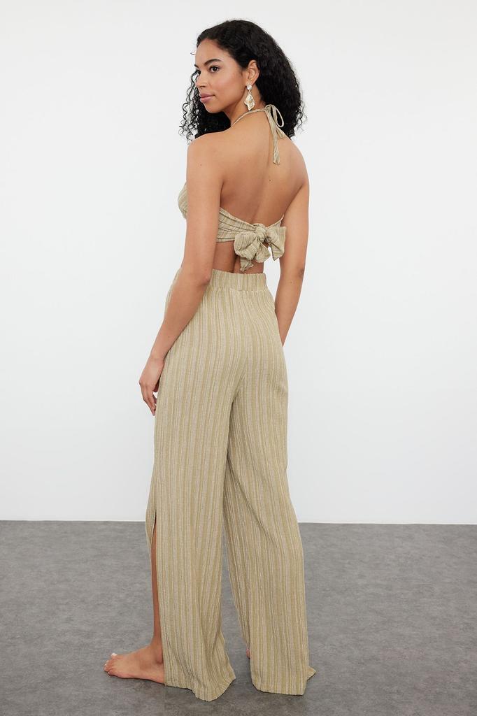 Women's Style Bottom-Top Set Clothes Green Woven Linen Blend Blouse Trouser Set