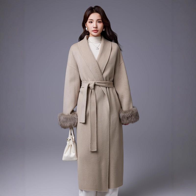Womens Premium Wool Blend Long Coat With Faux Fur Cuff Sleeves Wrap Front Elegant Oversized Fit