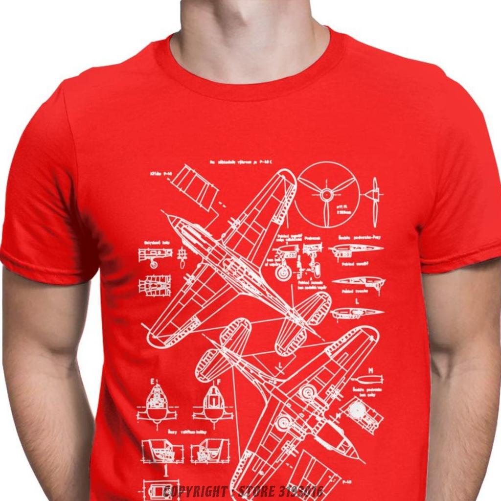 P40 Concept Blueprints Spitfire Men T Shirts Fighter Plane WW2 War Pilot Aircraft Airplane Tees T Shirts Cotton