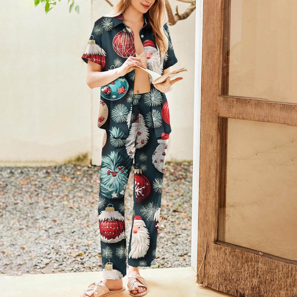 Женский рождественский пижамный комплект с принтом, женские короткие рукава, длинные брюки, комплект из двух предметов, застегивающийся на пуговицы, домашняя одежда