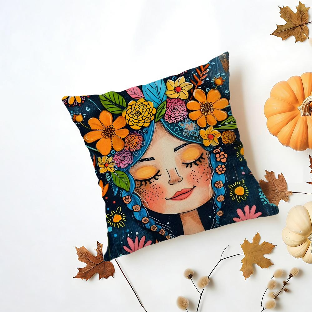 Casual Romantic Dreamy Flowers Girl Hairs Cushion Cover Washable Linen Pillowcase Soft for Daily Sofa Bed Home Room Decor