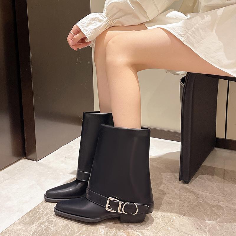 Fashion 2025 New Women's Fashionable and Versatile Chunky Single Boots New Pointed Head Sleeve Belt Buckle Comfortable Low Heel Boots