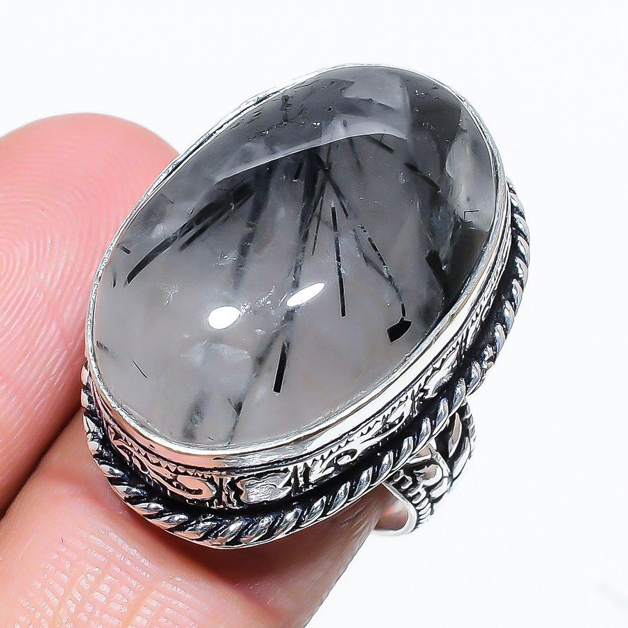 Black Rutile Gemstone 925 Sterling Silver Gift Jewelry Ring Size 8