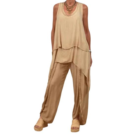 Комплект из двух предметов для женщин, повседневный безрукавный асимметричный топ с широкими брюками, свободный домашний костюм на лето