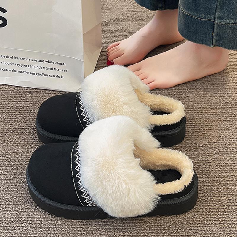 Fashion 2025 Winter Warm Fluffy Platform Slippers for Women Fashion Striped Faux Fur Home Shoes Woman Thick Sole Non Slip Plush Slippers