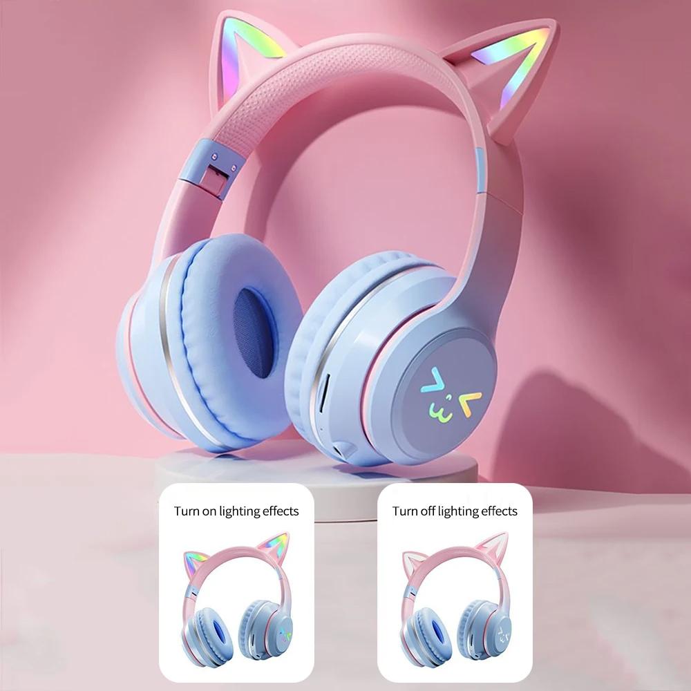 2024 New Cute Cat RGB Colour Lights Wireless Headphones Bluetooth 5.1 Stereo Music Gaming Headsets for Girls Kids Gift Headset with Microphone