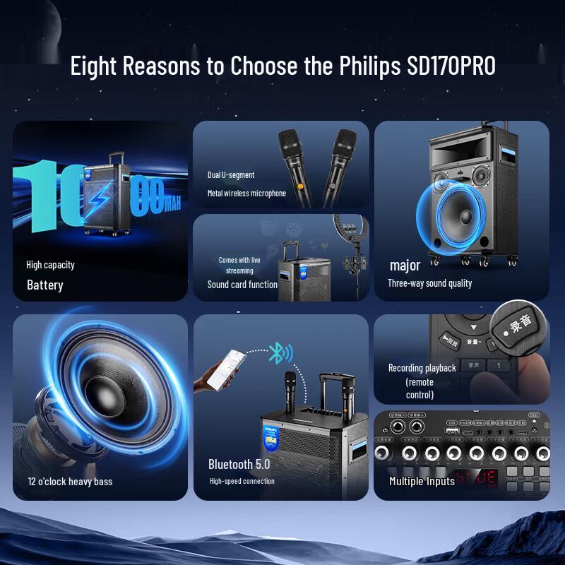Philips SD170PRO 12-inch Portable Bluetooth Karaoke Speaker CN plug (adapter included) (CN version)