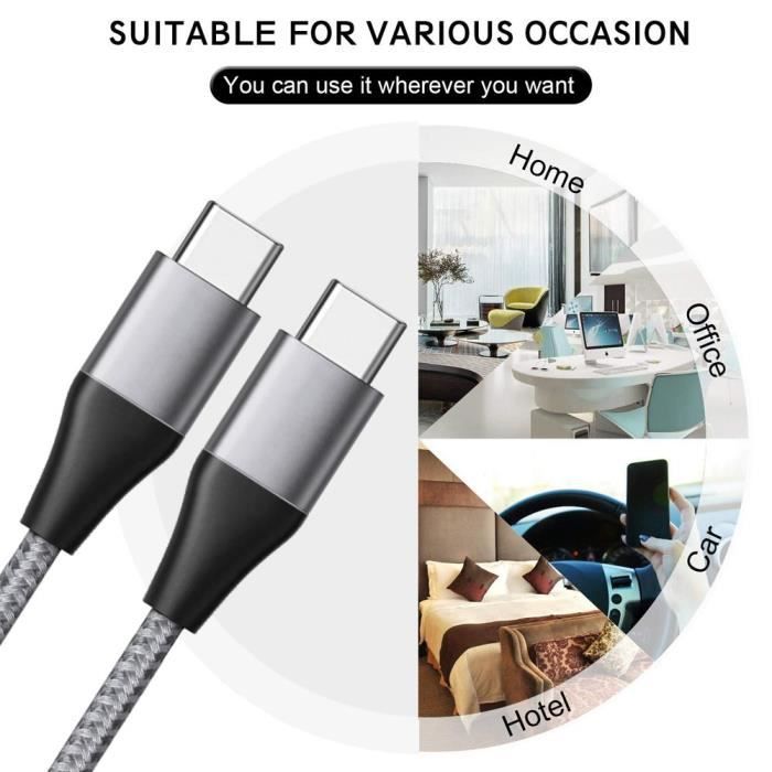 2x Câble USB-C vers USB-C Charge Rapide 3A pour Samsung S25 S24 S22 S23 Ultra S22 Plus S21 S21 Ultra S20 FE - Nylon Renforcé Gris 1M