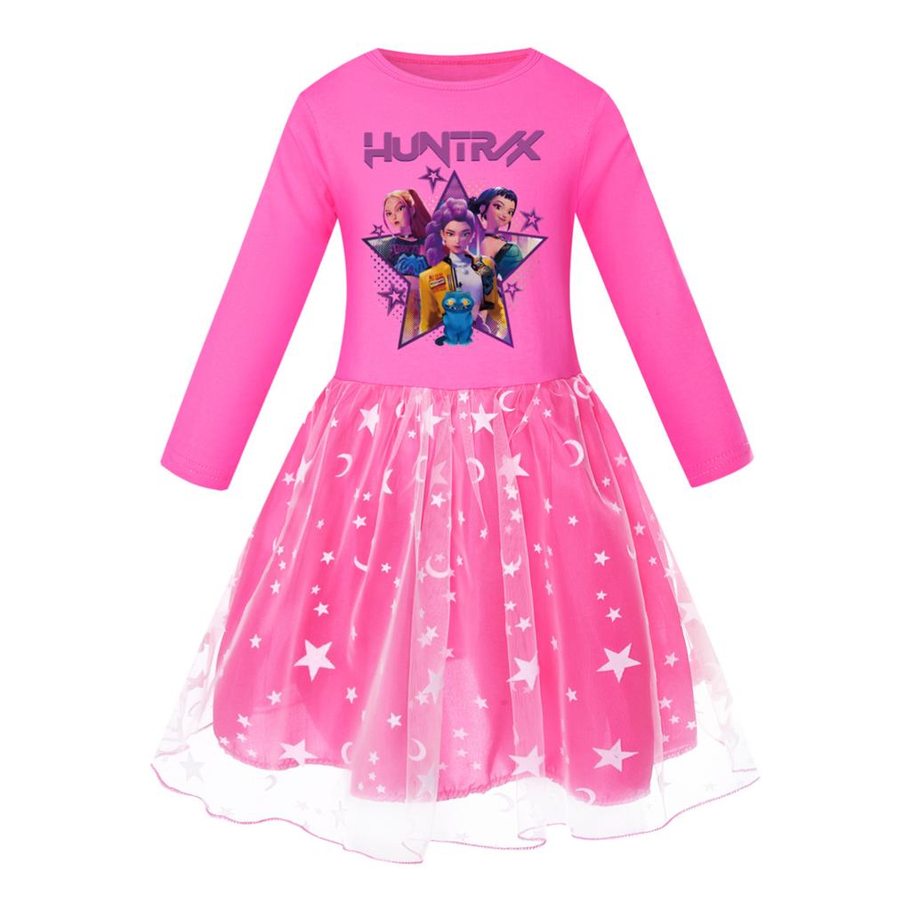 Girls' Star-Print Skirt Round-Neck Long-Sleeve Colorful Lace Patchwork Dress 4840