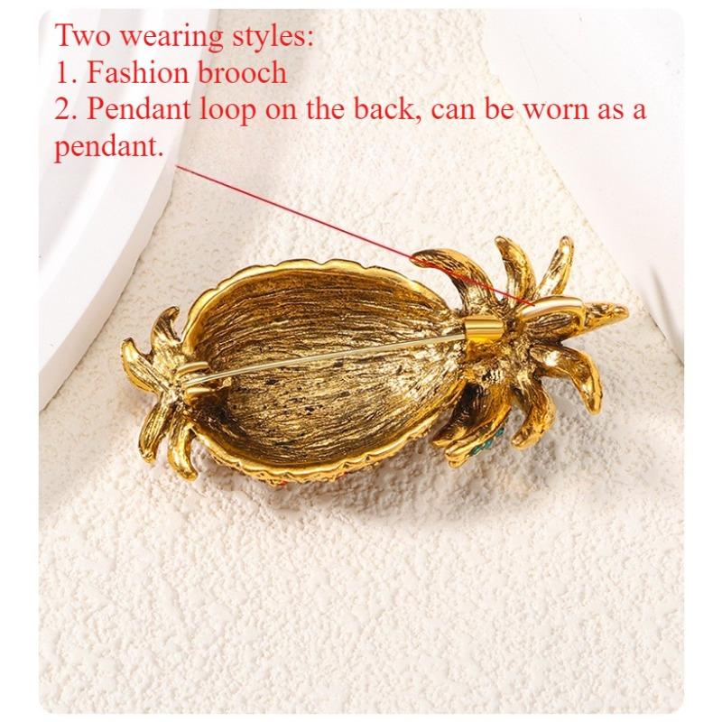 European and American retro fruit brooch, high-end alloy diamond inlaid pineapple chest flower, pin, anti glare buckle, clothing accessories