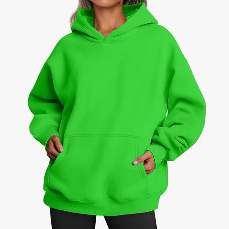 Women's Solid Color Fleece Hooded Sweatshirt - Autumn/Winter, Long Sleeve, Street Hip-Hop Style, Loose Fit, with Pockets.