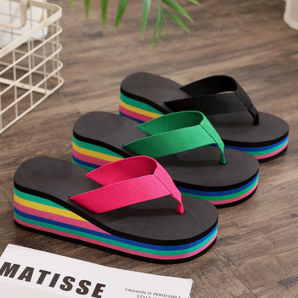 Slippers Women's Flip-flops Women's Summer Rainbow Platform Sandals High Heels Colored Outer Wear Women's Shoes Casual Beach