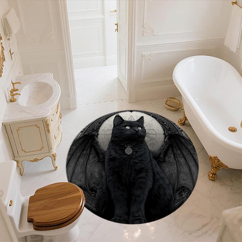 Черный кот с крыльями, Круглый ковер, Ковер для гостиной, спальни, дивана, игровой комнаты, Декор, Нескользящий коврик