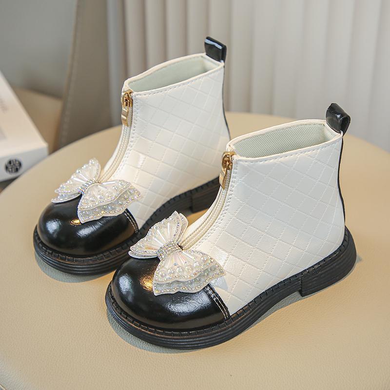 Ботильоны для девочек, детские сапоги на плоской подошве, со стразами, с молнией-бантом спереди, глянцевые модные детские сапоги-челси 2024 г.