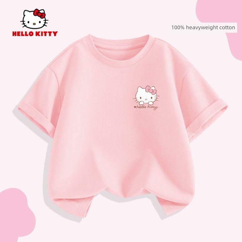 Детская футболка с коротким рукавом Hello Kitty Лето 2026 Новая универсальная розовая детская футболка Модный тренд лета для девочек