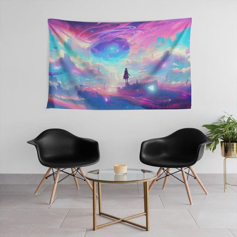 Cyberpunk Sky Metropolis Person Cliff Wall Tapestry Pink Purple Blue Future City Vortex UFO Flying Saucer Fantasy Art
