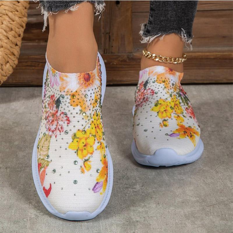 Повседневные большие вулканизированные туфли для женщин, беговые цветочные стразы, модные дышащие вулканизированные туфли, кроссовки для походов на открытом воздухе