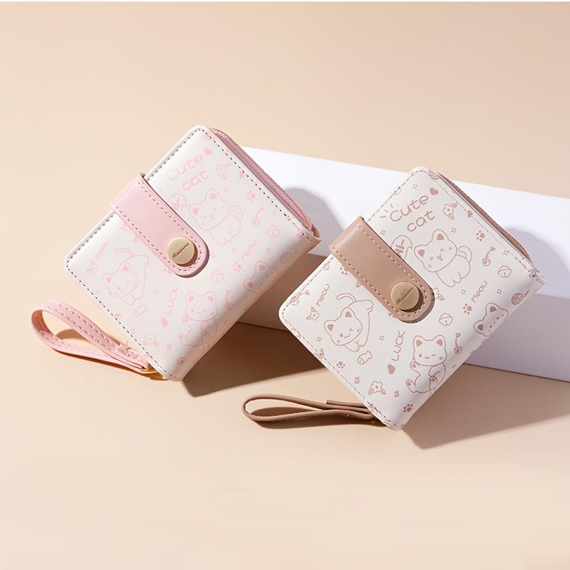 Повседневный двойной кошелек Kawaii с кошкой - Шикарный клатч для кредитных карт и монет с надежной застежкой, полиэстеровой подкладкой и удобным шнурком